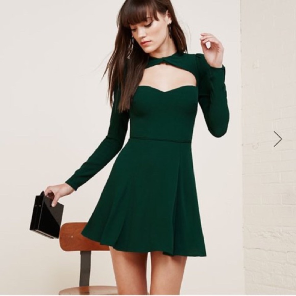 Reformation Whiskey Long Sleeve Mini Dress Spruce Green